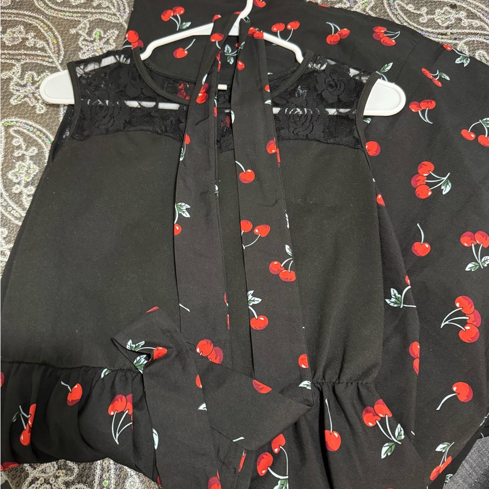 Black Dress with Cherry Print and Lace Detail